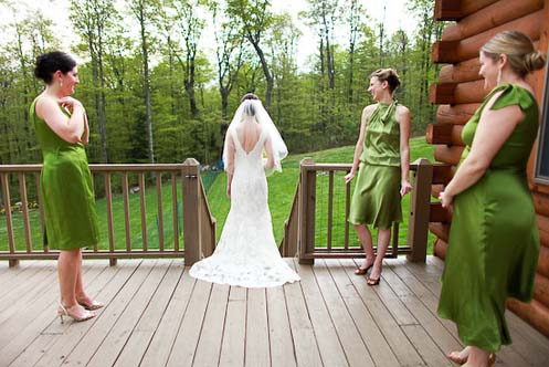 wore green satin gowns which matched Bethany 39s green wedding shoes from