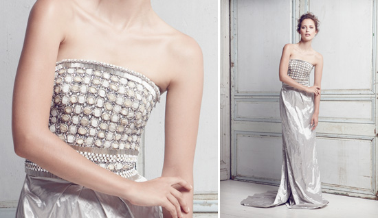 Glittering stones strapless silver gown