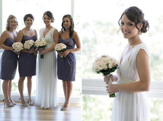 Her bridesmaids wore purple strapless gowns 